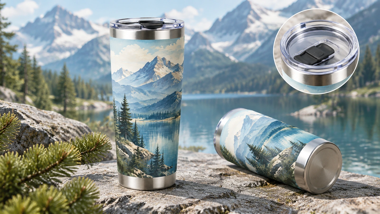 Ảnh ghép sản phẩm ly tumbler và chi tiết nắp Ly tumbler họa tiết núi ngoài trời, kèm ảnh chèn thể hiện nắp uống trong suốt