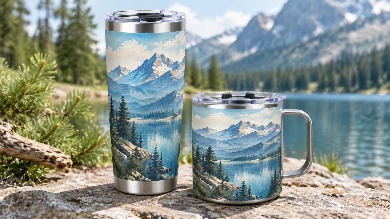 Đồ uống có trang trí trong không gian ngoài trời Ly tumbler cao họa tiết núi và cốc có quai cạnh một hồ nước