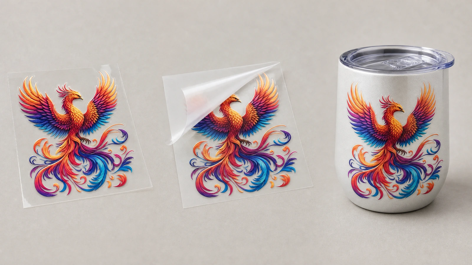 Decal phượng hoàng trên tấm trong suốt, tấm nền bị bong một phần và thiết kế tương tự trên ly trắng