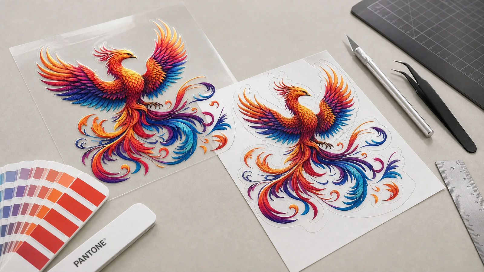 Hai thiết kế decal phượng hoàng nhiều màu bên cạnh quạt mẫu màu, thước kẻ và dụng cụ thủ công