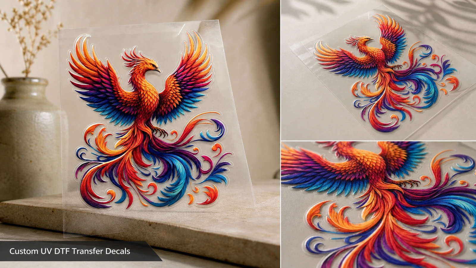 Ảnh ghép decal phượng hoàng trên tấm trong suốt cùng các ảnh cận cảnh màu sắc và mép