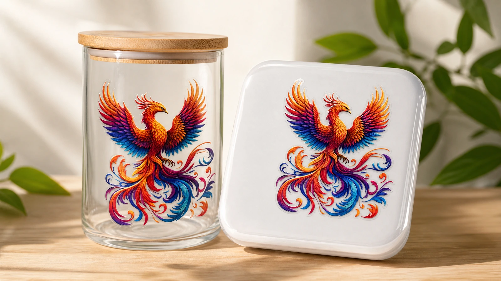 Decal phượng hoàng tương tự trên hũ thủy tinh trong suốt và đĩa vuông trắng