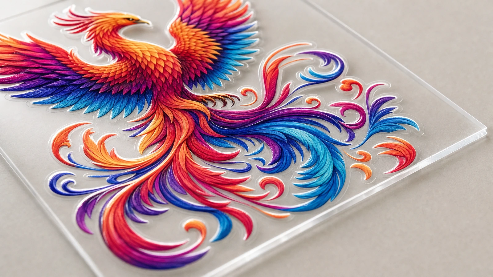 Cận cảnh decal phượng hoàng nhiều màu với mép trông nổi lên trên tấm trong suốt