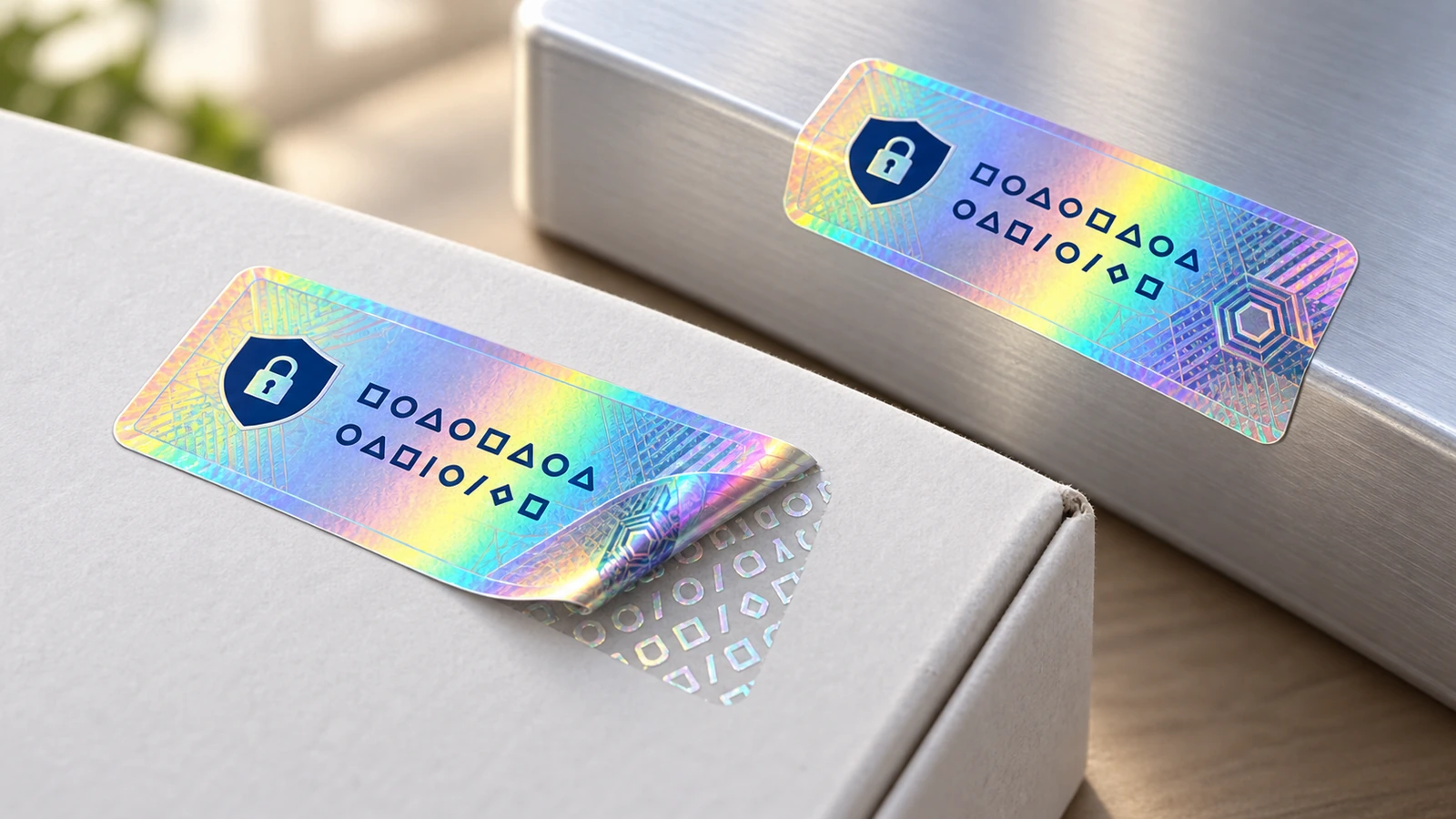Nhãn bảo mật hologram trên thùng carton xám và bề mặt kim loại, với một nhãn được lật lên để lộ hoa văn