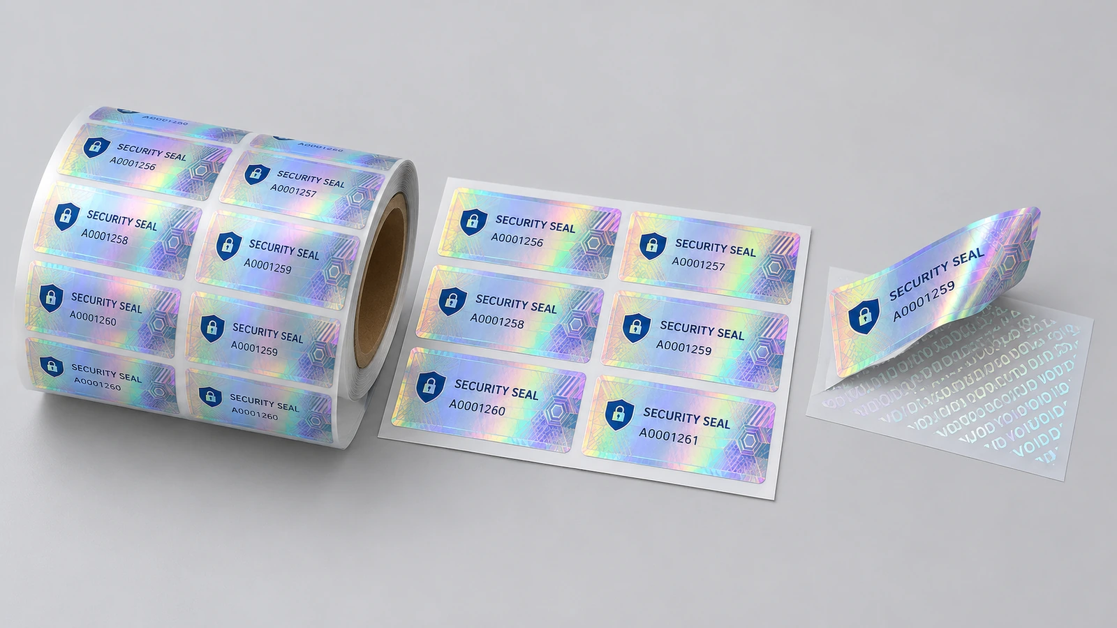 Cuộn và tờ nhãn bảo mật hologram cạnh một nhãn được nhấc lên để lộ hoa văn VOID