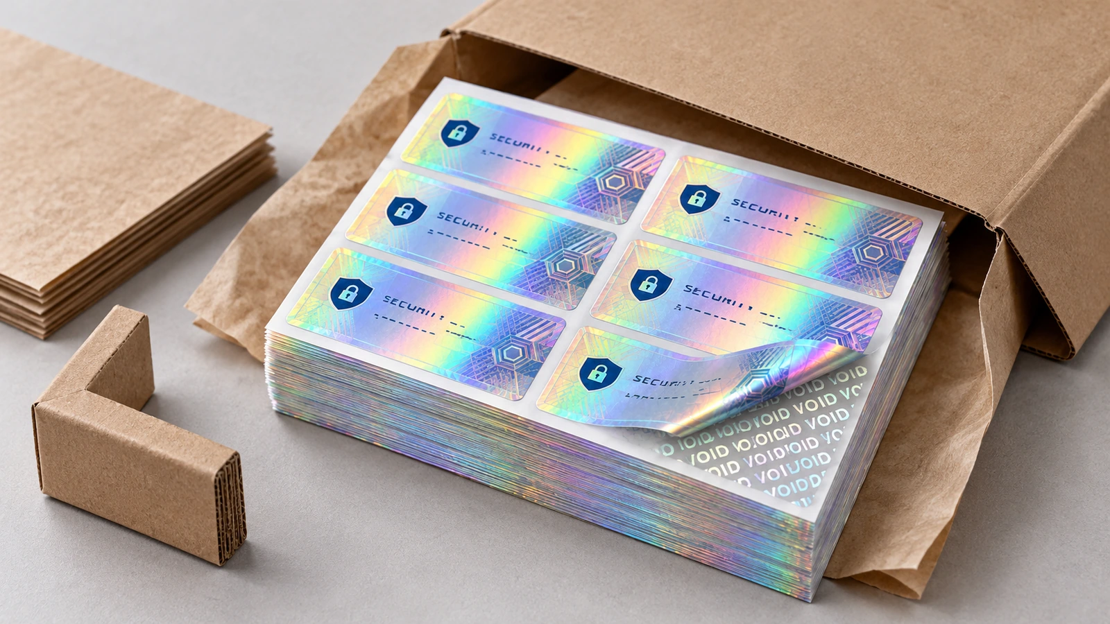 Các tờ nhãn bảo mật hologram xếp chồng bên trong phong bì carton mở