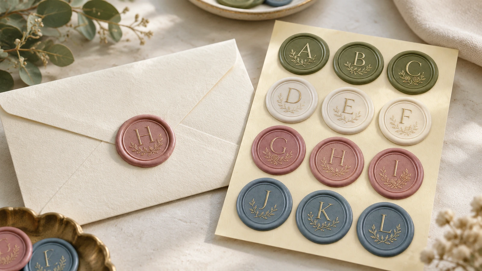 Tờ niêm phong monogram cạnh một phong bì đã niêm phong Phong bì có niêm phong sáp hồng cạnh một tờ niêm phong monogram nhiều màu