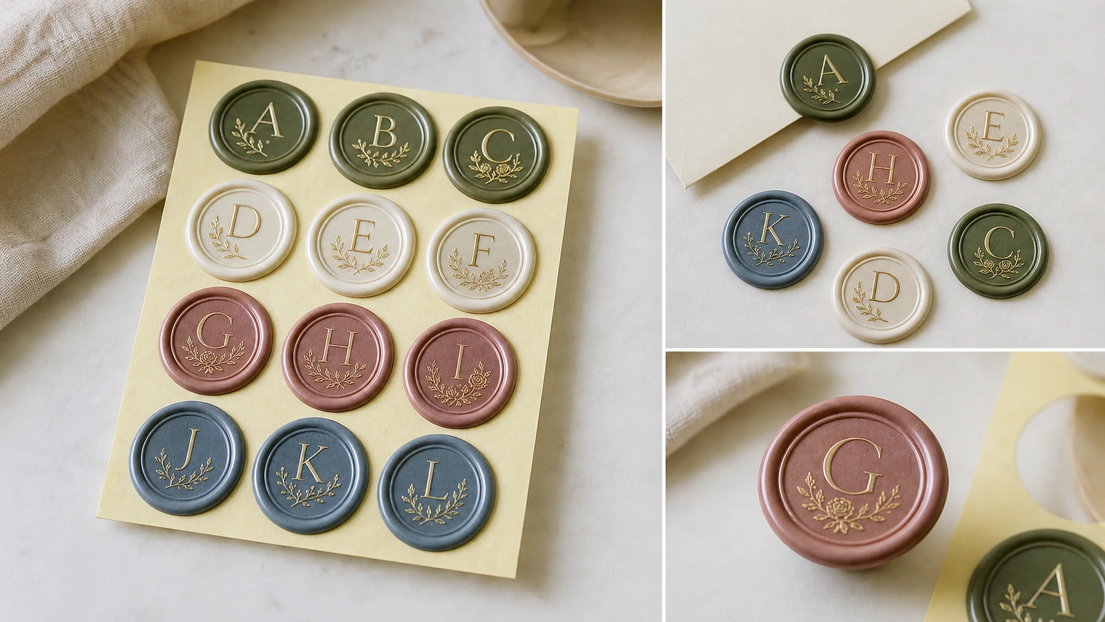 Ảnh ghép sản phẩm niêm phong sáp monogram Ảnh ghép thể hiện một tờ niêm phong monogram, các niêm phong rời và cận cảnh một niêm phong màu hồng