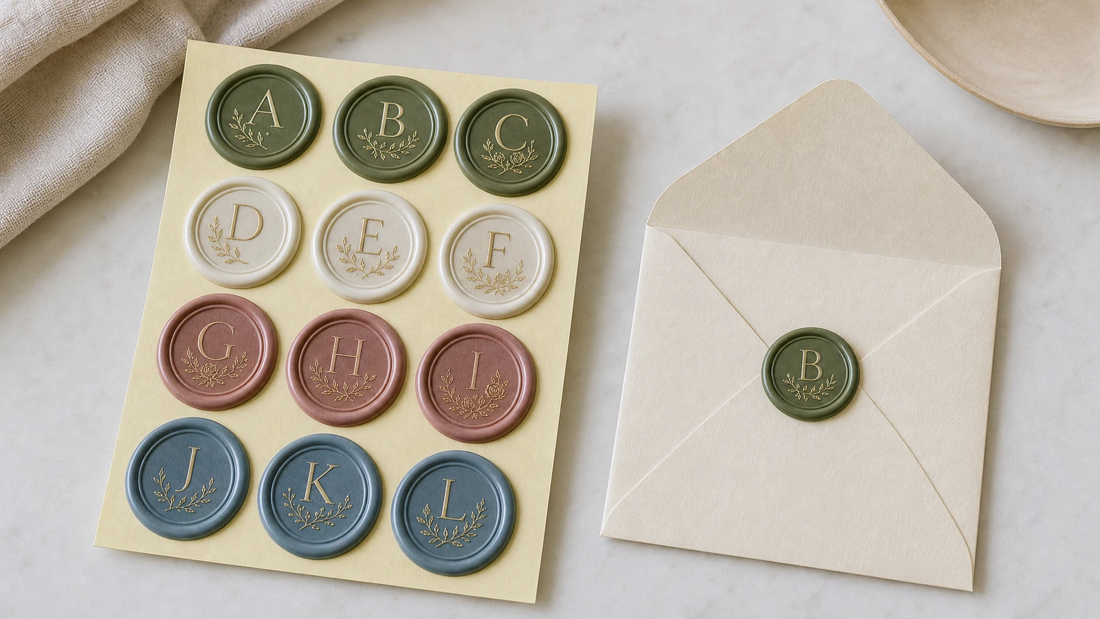 Tờ niêm phong sáp monogram và phong bì đã niêm phong Tờ tem niêm phong sáp monogram nhiều màu cạnh phong bì được đóng bằng niêm phong màu xanh lá