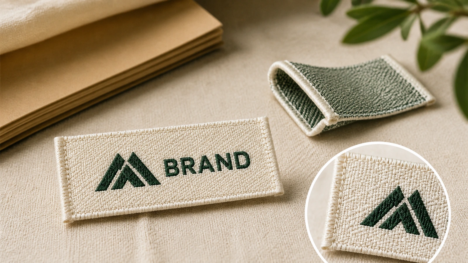 Nhãn dệt dạng phẳng và gấp, kèm ảnh cận cảnh logo dệt ở góc