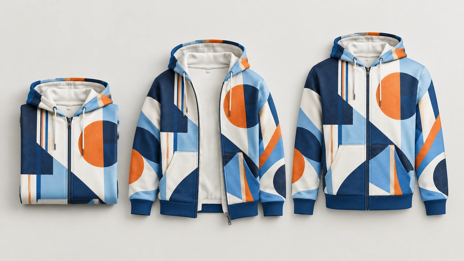 Ba góc nhìn của áo hoodie khóa kéo họa tiết hình học Ảnh áo hoodie khóa kéo họa tiết hình học ở trạng thái gấp, mở một phần và đóng