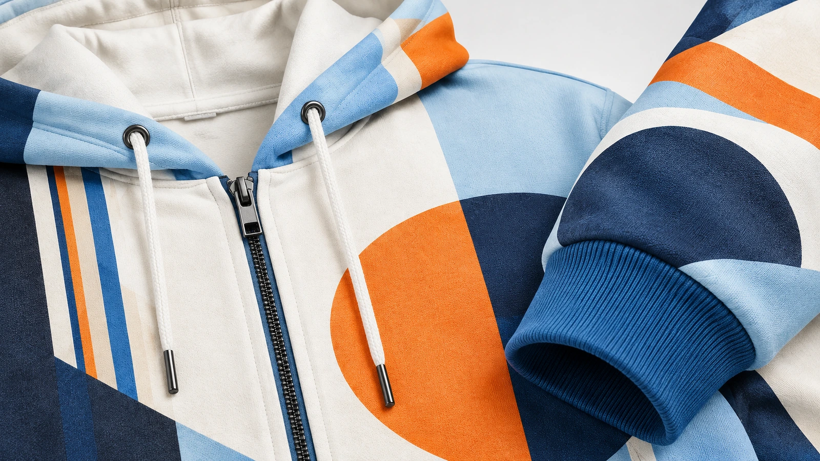 Chi tiết phụ kiện và cổ tay áo hoodie khóa kéo Ảnh cận cảnh áo hoodie khóa kéo họa tiết hình học, thể hiện khóa kéo, dây rút, lớp lót mũ và cổ tay bo gân màu xanh dương