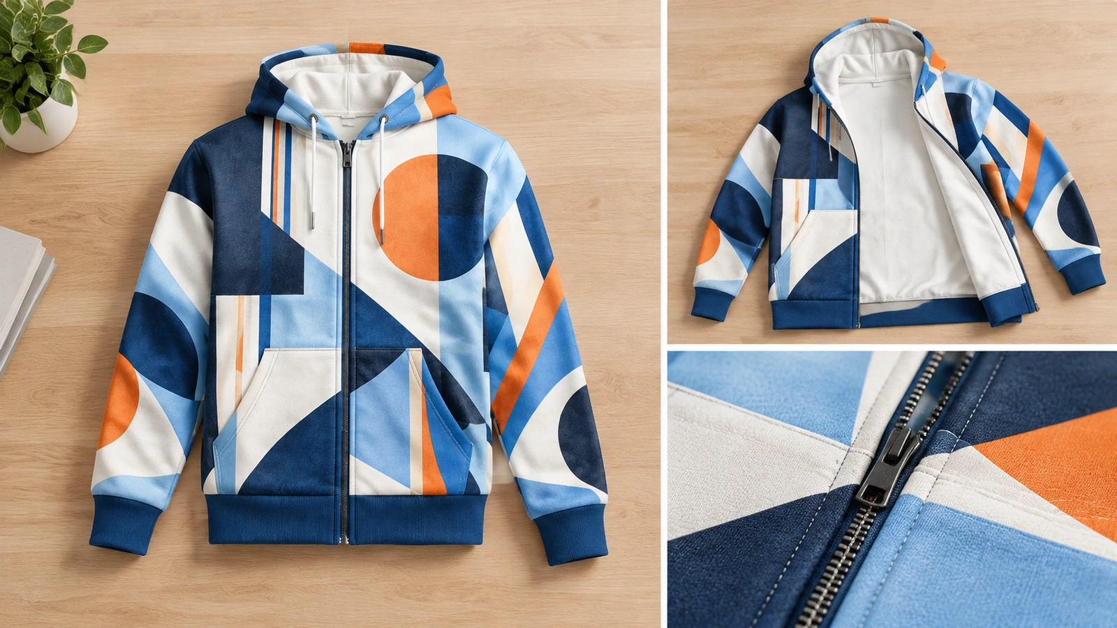 Hình áo hoodie khóa kéo và chi tiết khóa kéo Ảnh ghép áo hoodie khóa kéo họa tiết hình học ở dạng trải phẳng, mở một phần và cận cảnh khóa kéo