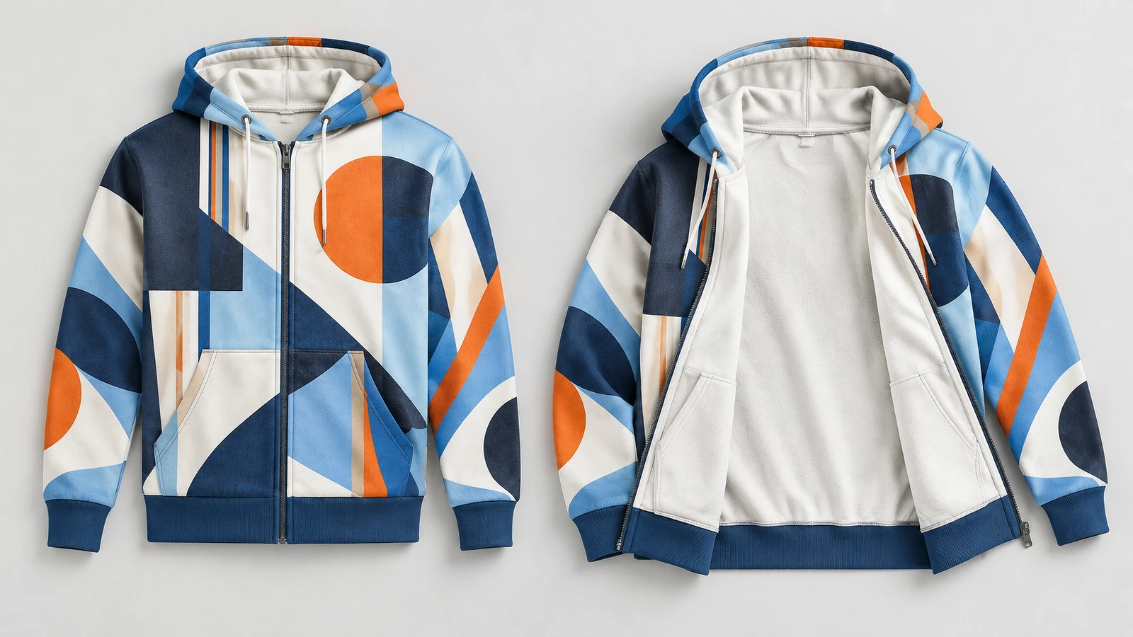 Hình áo hoodie khóa kéo ở trạng thái đóng và mở Áo hoodie khóa kéo họa tiết hình học ở trạng thái đóng và mở để lộ lớp lót nhạt màu