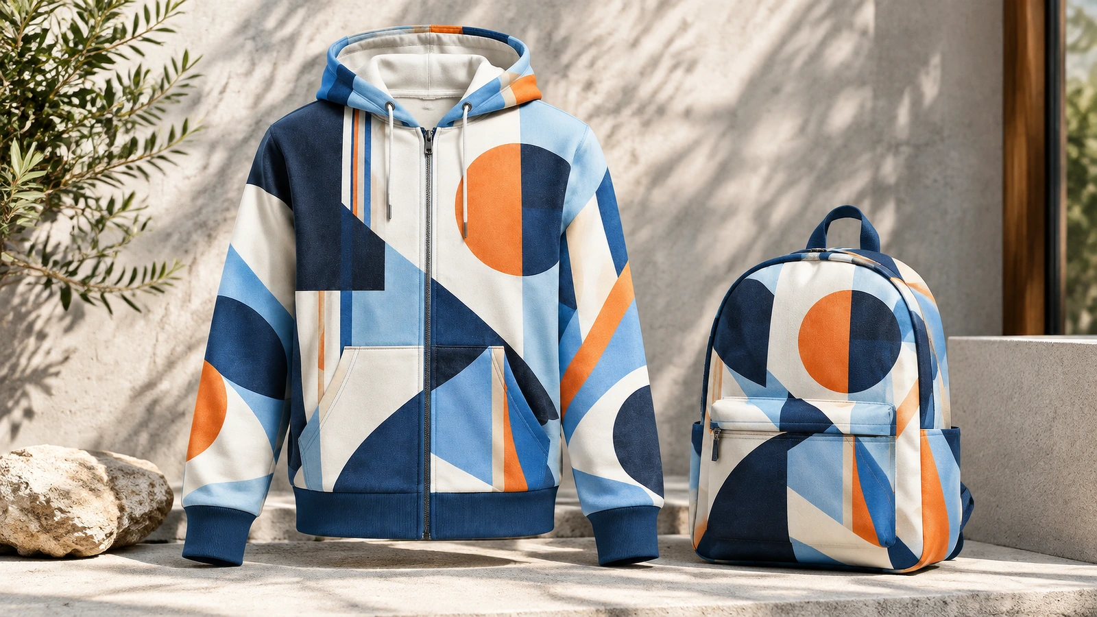 Áo hoodie khóa kéo và ba lô đồng bộ Áo hoodie khóa kéo họa tiết hình học được trưng bày cạnh ba lô có họa tiết xanh dương và cam tương ứng