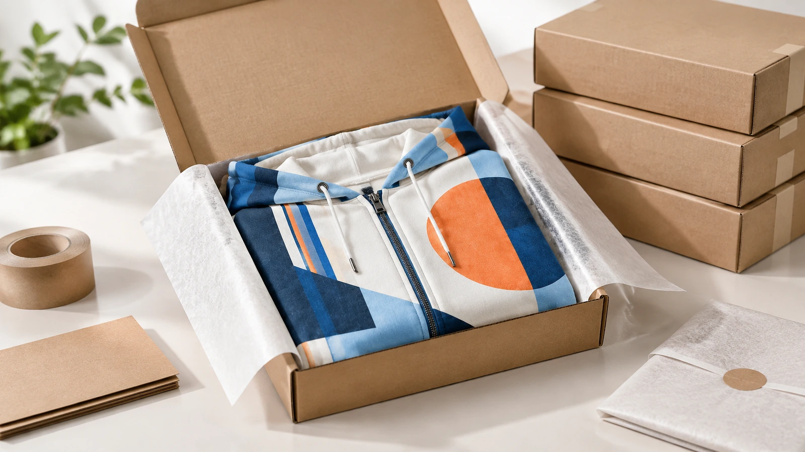 Áo hoodie khóa kéo họa tiết hình học đóng hộp Áo hoodie khóa kéo gấp gọn trong hộp carton lót giấy lụa, đặt cạnh các hộp xếp chồng